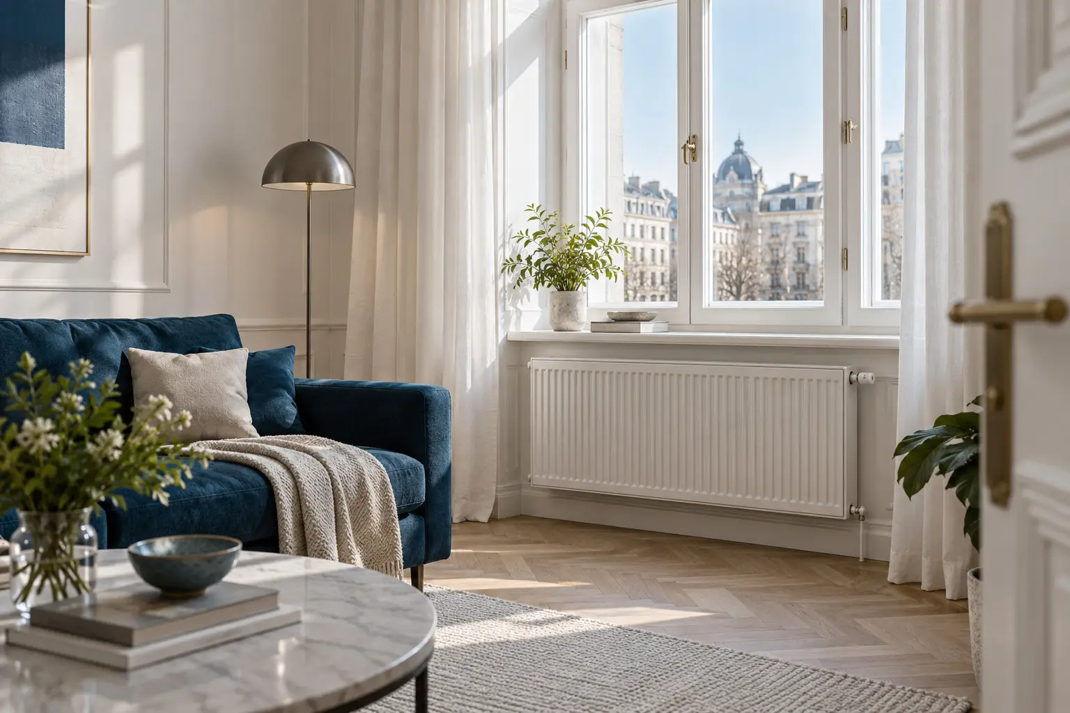 Heller Wohnraum mit Heizkörper, marineblauem Sofa und Tageslicht