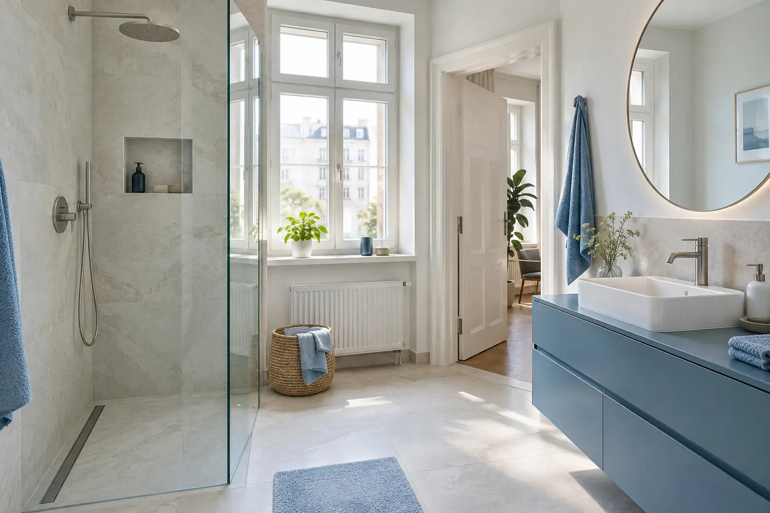 Helles Badezimmer mit Dusche, Waschtisch und blauem Unterschrank