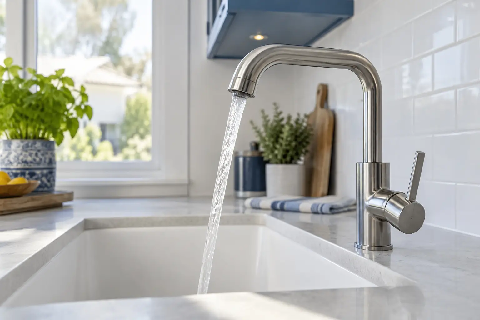 Edelstahlarmatur über einer Küchenspüle mit fließendem Wasser
