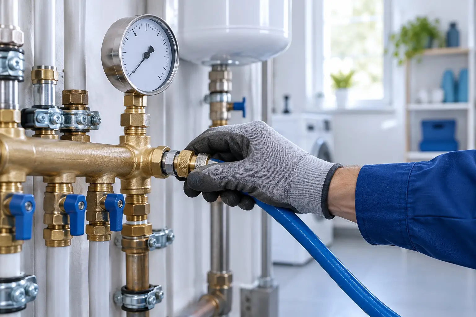 Manometer und Prüfanschluss an einer Wasserinstallation