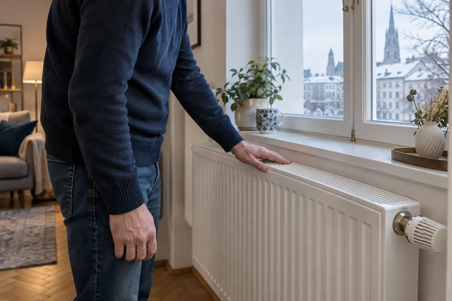Person an einem Heizkörper in einer Wohnung im Winter