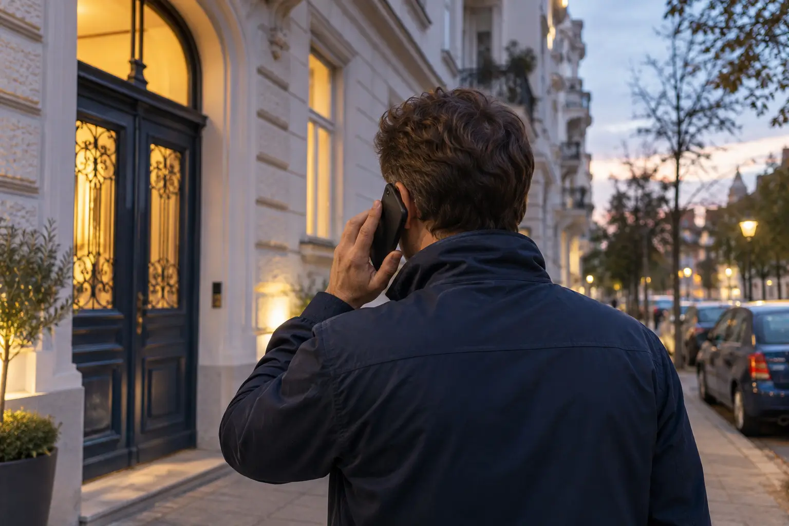 Person beim Telefonieren außerhalb eines Wohngebäudes